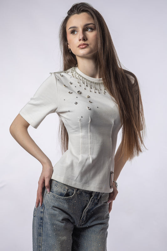 Tricou Cambrat CRYSTAL EDGE Alb – Cristale & Spate Corset