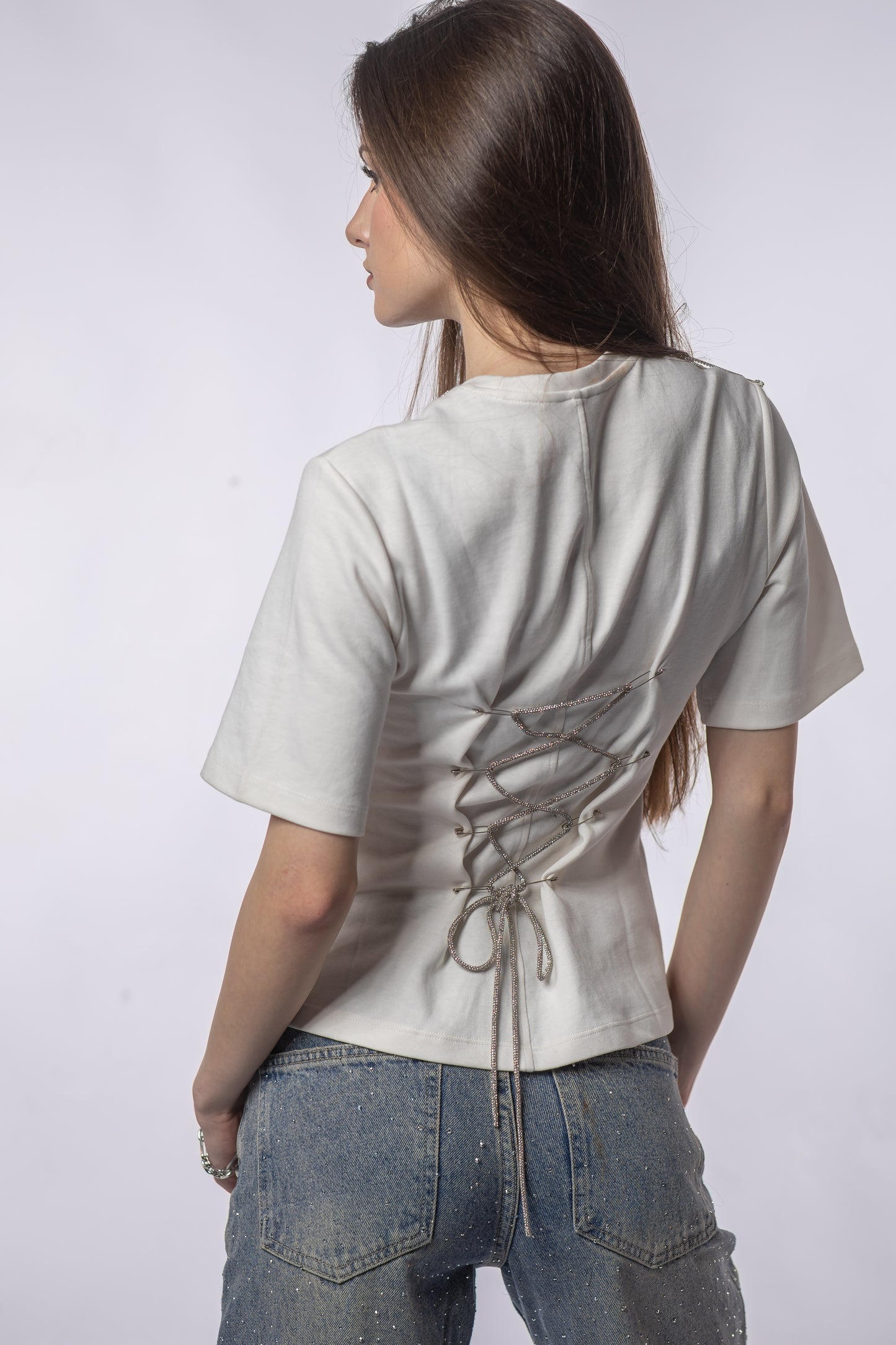 Tricou Cambrat CRYSTAL EDGE Alb – Cristale & Spate Corset