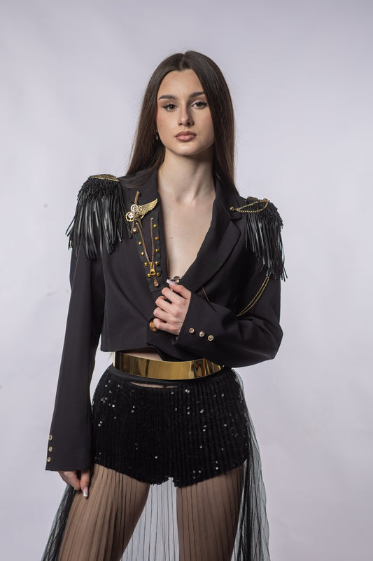 Sacou Scurt NIGHTFLAME – Franjuri din Piele & Accente Aurii