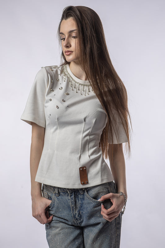 Tricou Cambrat CRYSTAL EDGE Alb – Cristale & Spate Corset