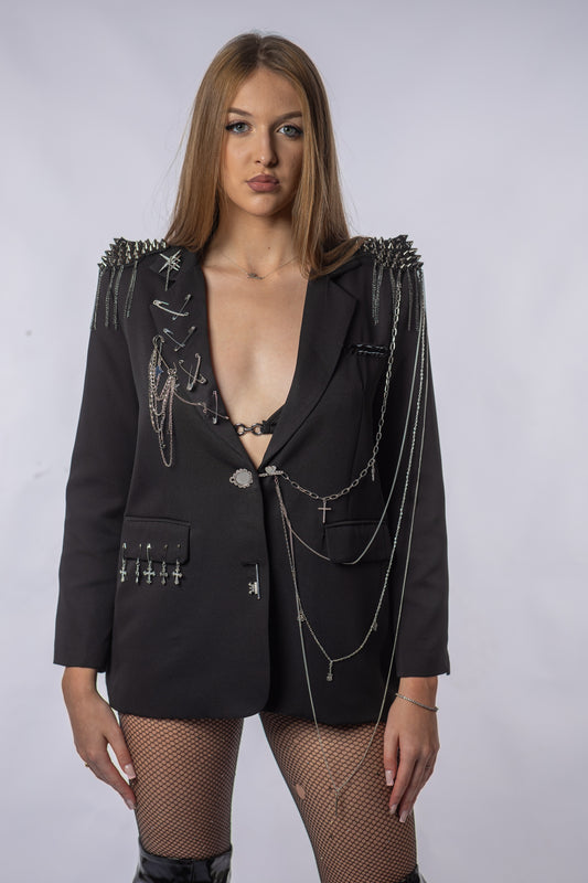 Sacou Statement VYXEN Negru cu Lanțuri și Aplicații Metalice